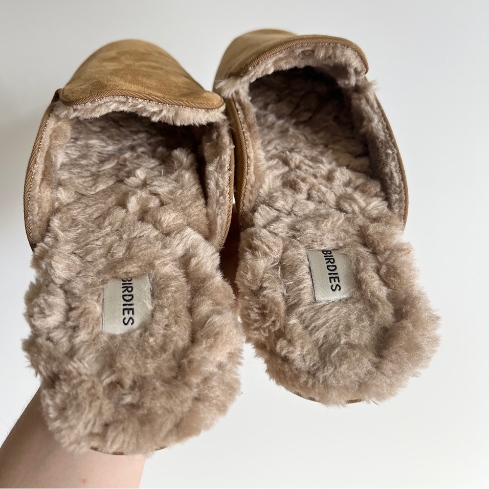 Birdies The Phoebe Mule Slipper Camel Suede Leather Cream Faux Fur Size 8 - Picture 3 of 16